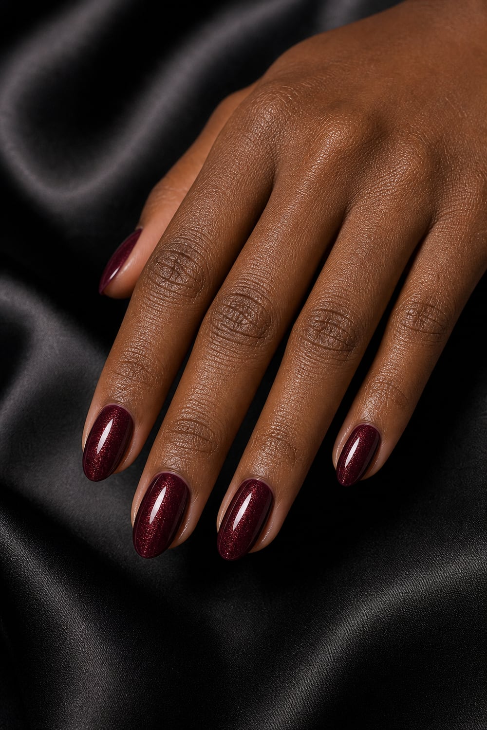 Ultra realistic burgundy manicure with gold shimmer on a close-up hand