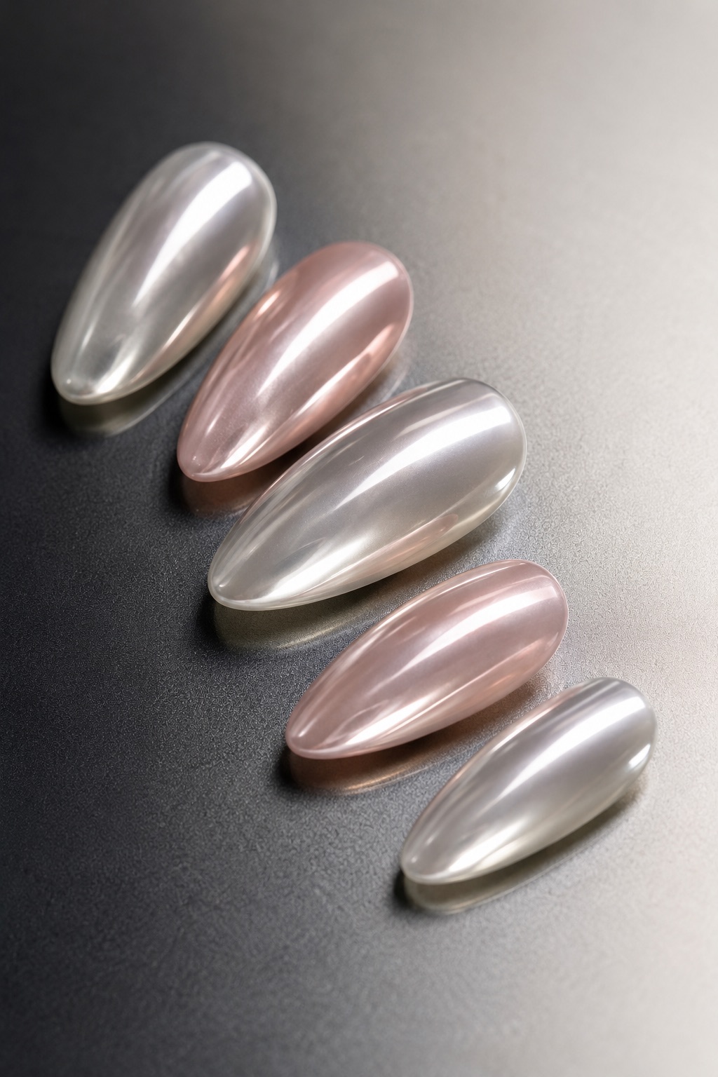 Chrome nail ideas with pearl shine on medium-length nails