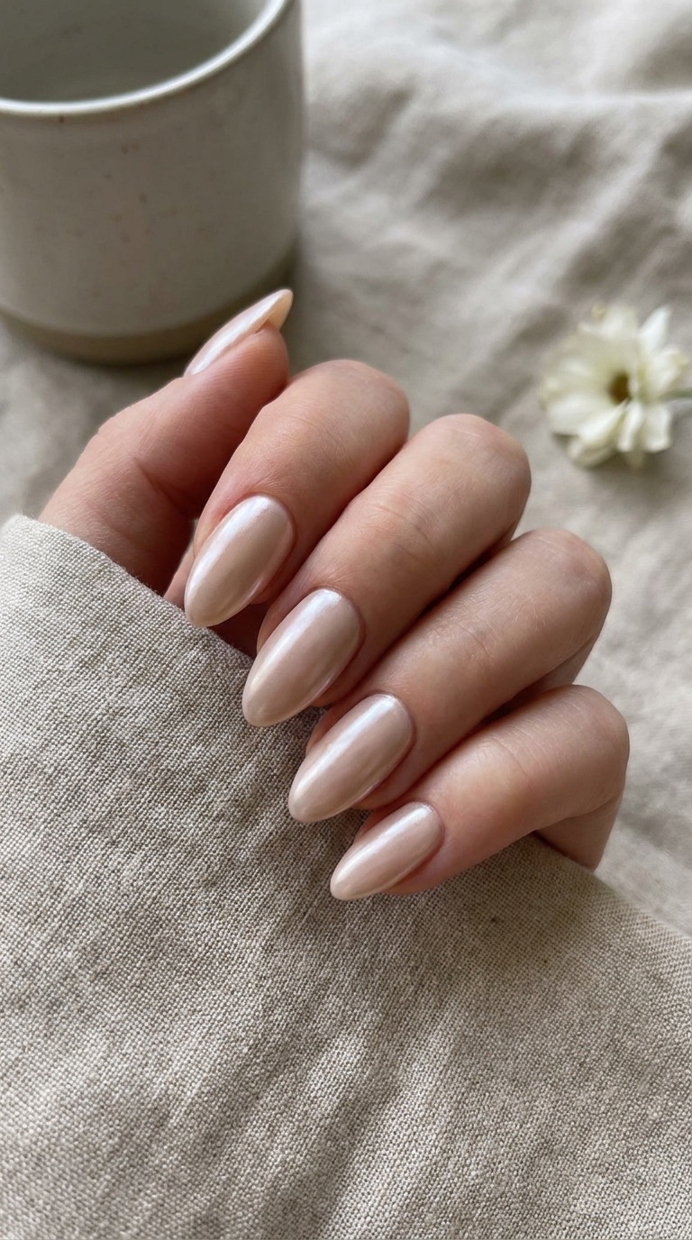 Glazed neutral nail inspo for 2026 on almond-shaped nails