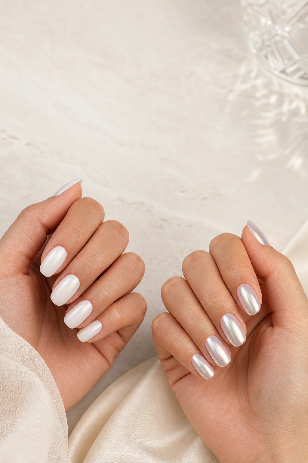 Milky white nails beside glazed pearl chrome nails for a finish comparison